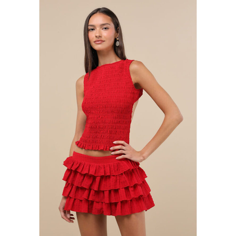 Lulus Izzy Red Smocked Tiered Two-piece Mini Dress - Size L